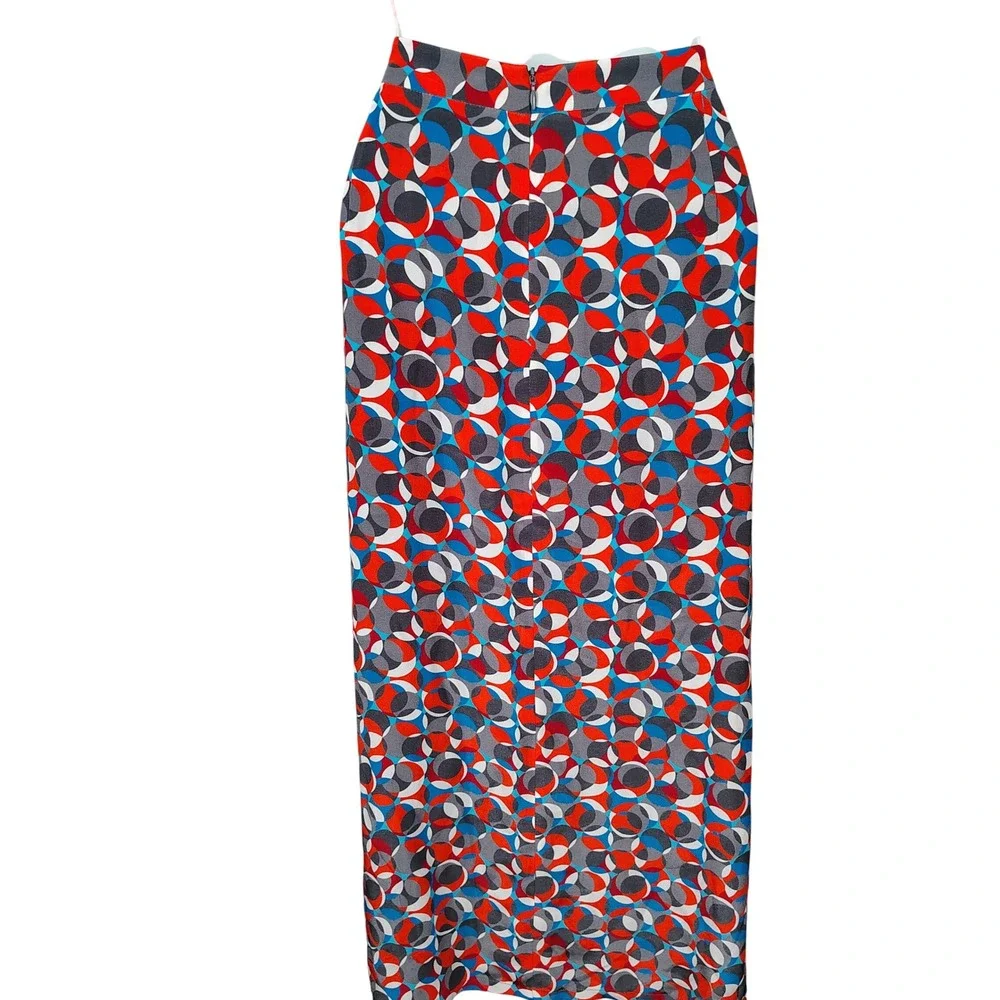 Silk Geometric Circle Print Maxi Skirt Red Blue Grey Size 10 Wrap Front Slit - Picture 2 of 13